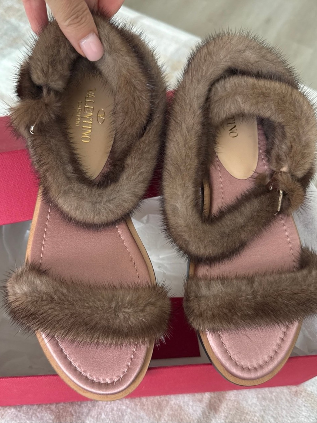 Valentino Pink Suede Sandals With Brown Fur Trim
